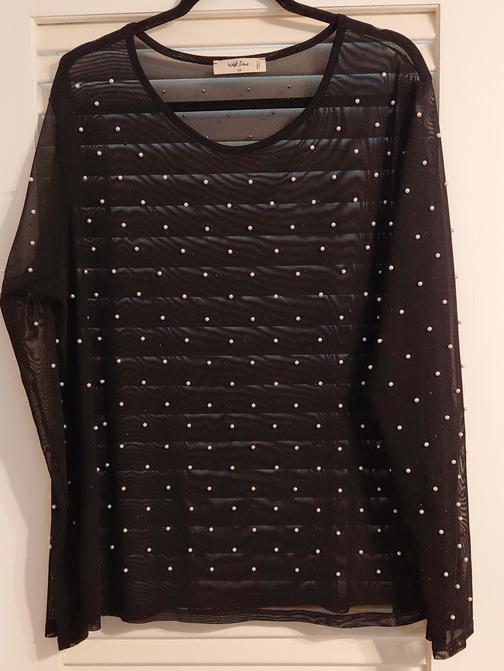 Wild Love 3X Sheer Black Long Sleeve Mesh Top with Faux Pearl Accents